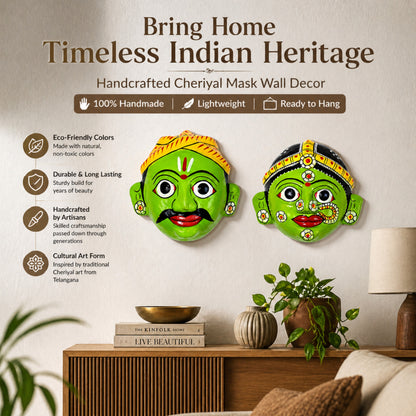 Two green Cheriyal mask wall decor pieces on a wall with text highlighting features.