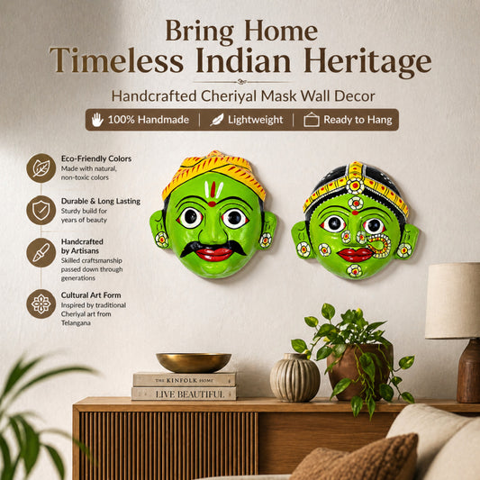 Two green Cheriyal mask wall decor pieces on a wall with text highlighting features.