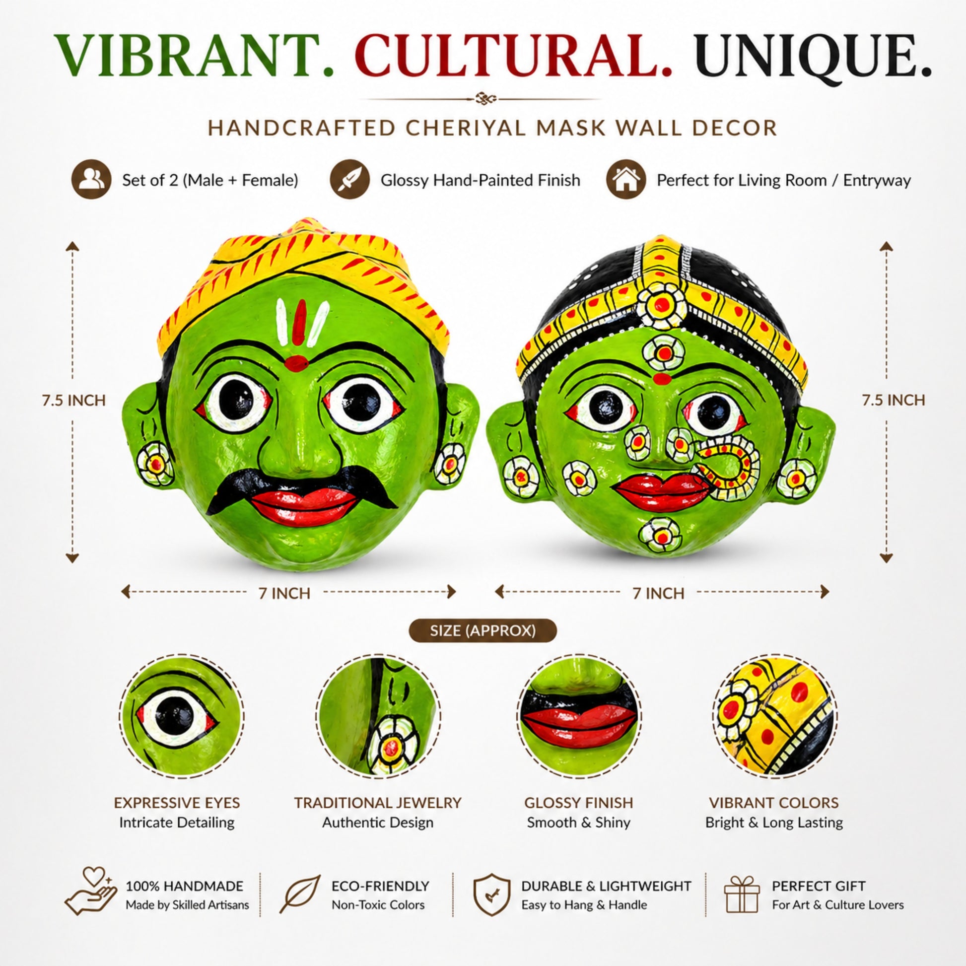 Handcrafted Cheriyal mask wall decor with green faces, yellow and red accents, and text highlighting features.