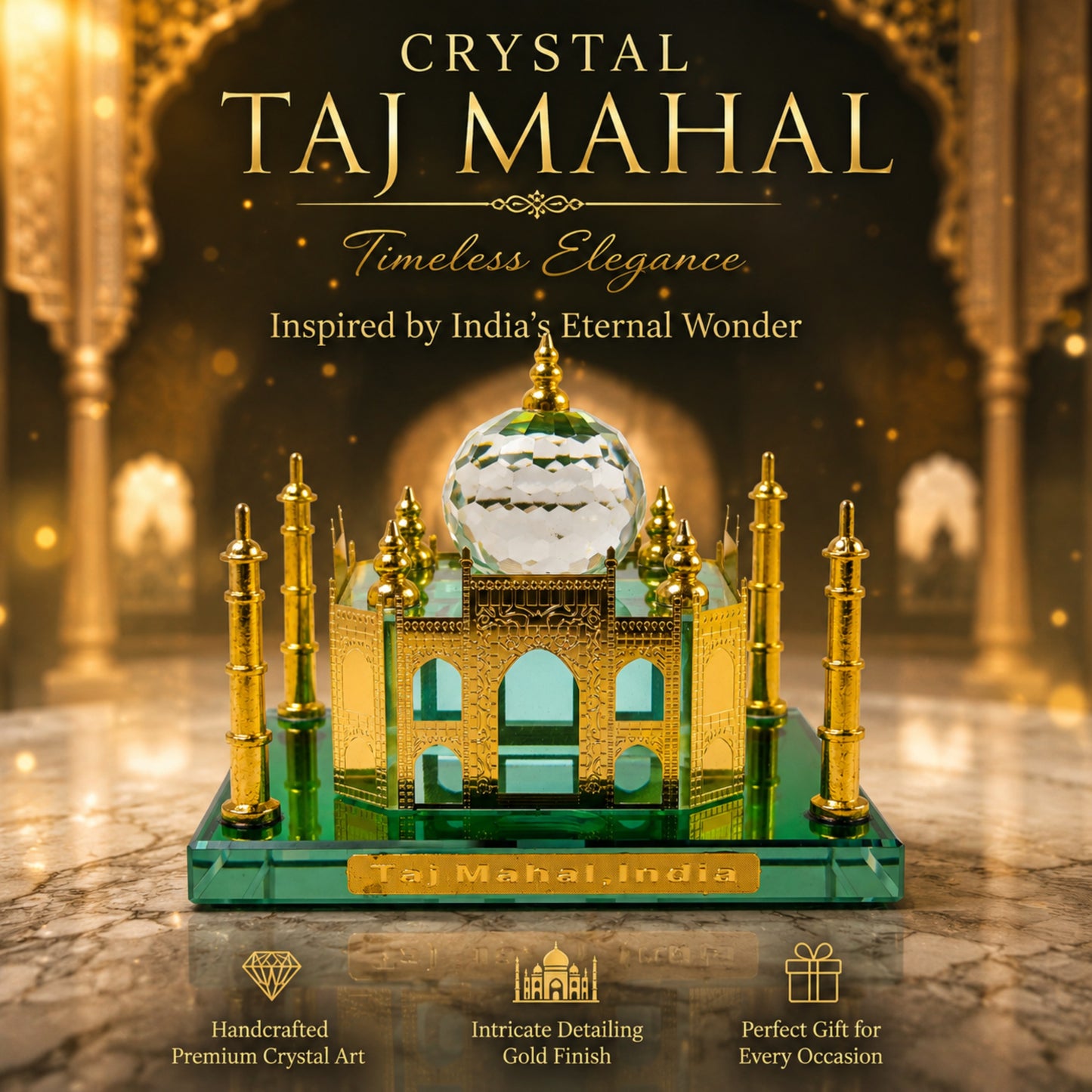 Crystal Taj Mahal Miniature Showpiece – Premium Gold Plated Handcrafted Decorative Gift for Home & Office Décor | Luxury Crystal Souvenir from India | Size: 4.5 x 4 x 4.5 Inch