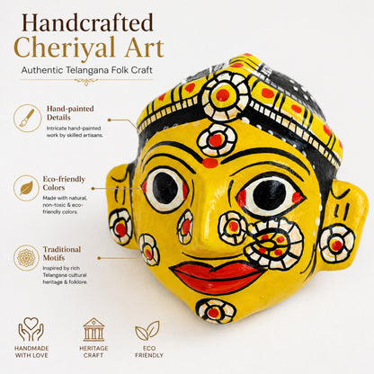 Handcrafted Cheriyal Mask Wall Decor (4x4 Inch) | Authentic Telangana Folk Art | Wooden Hand-Painted Face Mask | Traditional Indian Home Decor | Ethnic Wall Hanging Gift Item