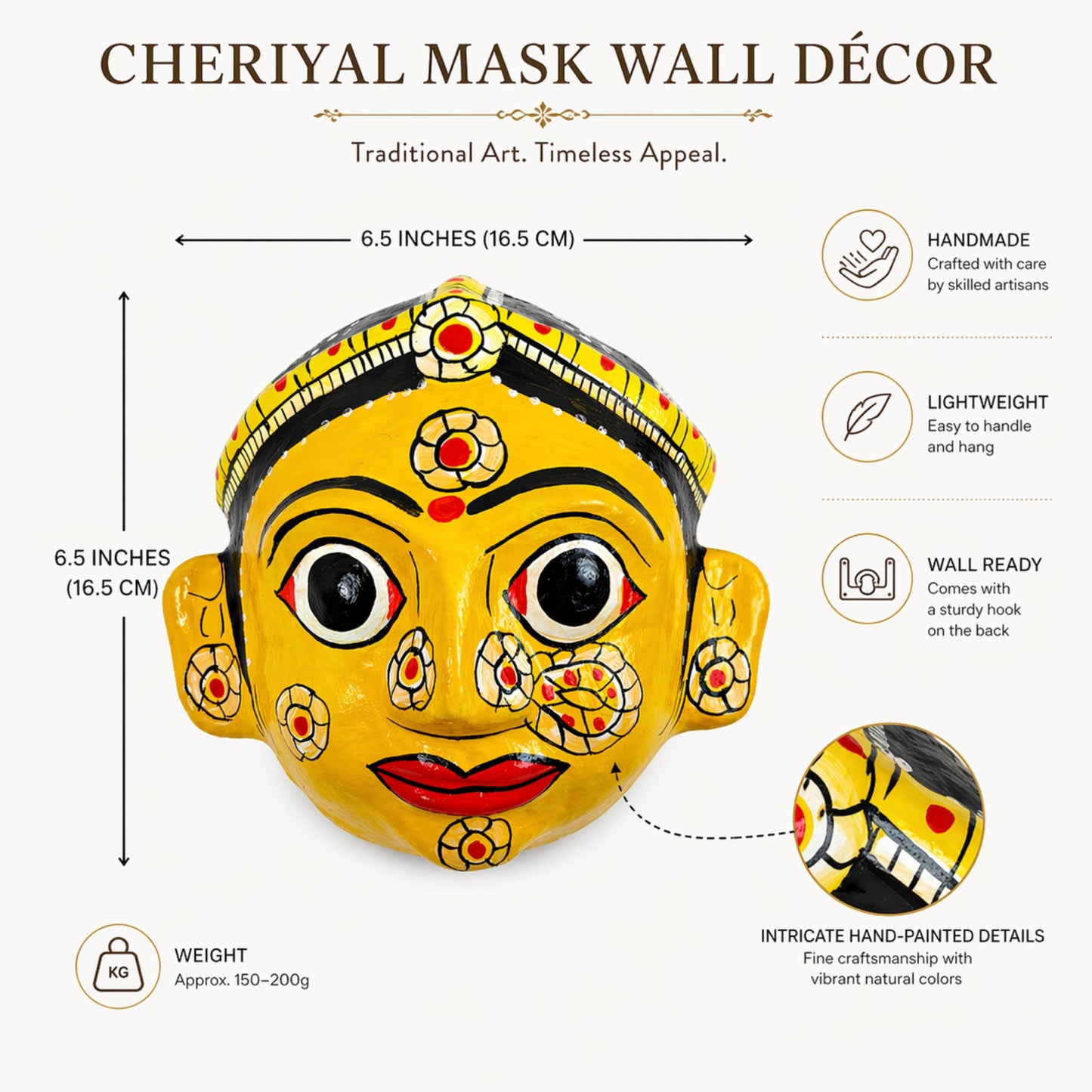 Handcrafted Cheriyal Mask Wall Décor – Traditional Indian Folk Art Face Mask, Handmade Telangana Wall Hanging, Cultural Home Decoration, Lightweight & Wall Ready(YELLOW FEMALE)