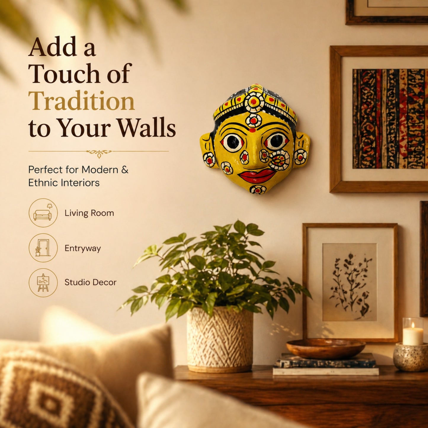 Handcrafted Cheriyal Mask Wall Decor (4x4 Inch) | Authentic Telangana Folk Art | Wooden Hand-Painted Face Mask | Traditional Indian Home Decor | Ethnic Wall Hanging Gift Item