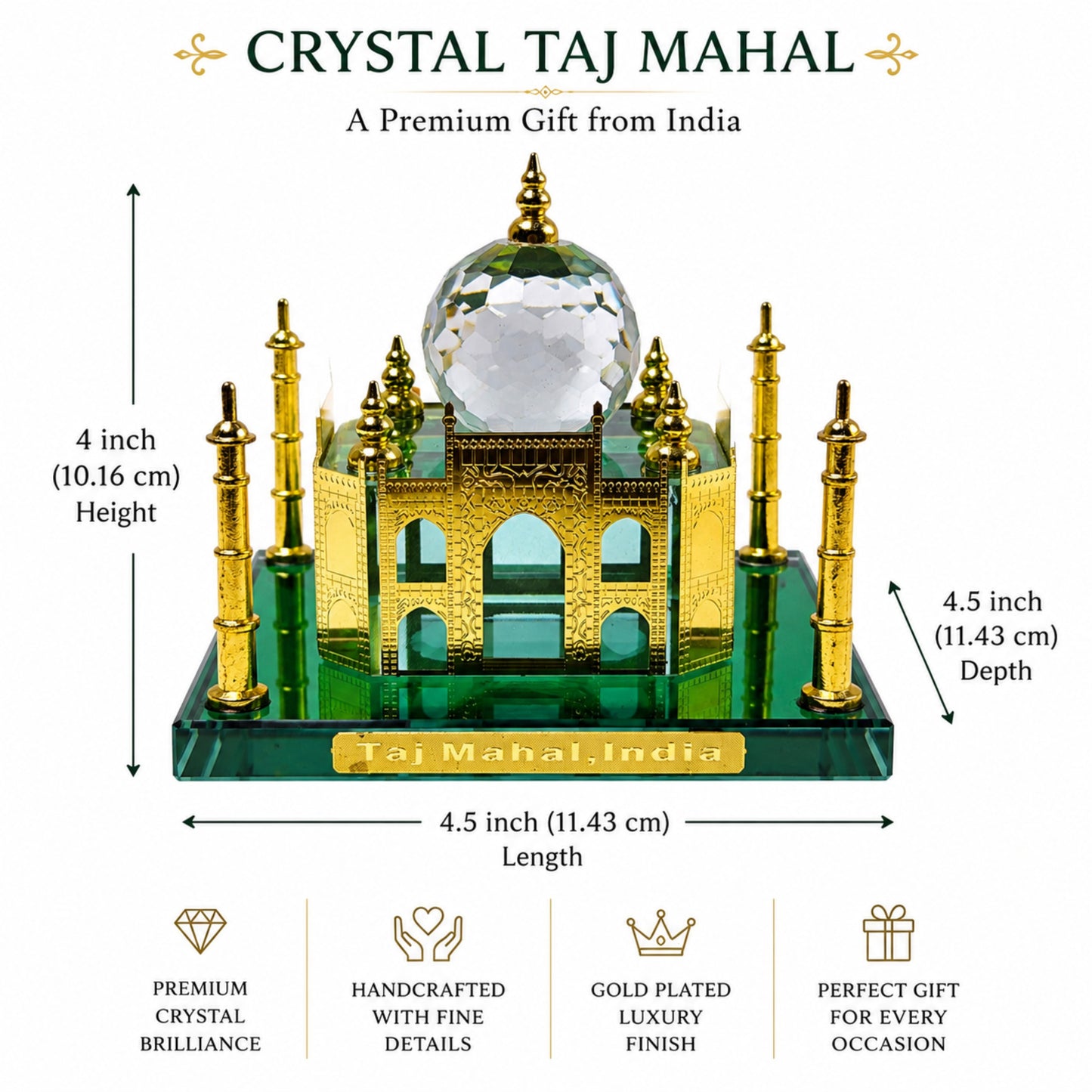 Crystal Taj Mahal Miniature Showpiece – Premium Gold Plated Handcrafted Decorative Gift for Home & Office Décor | Luxury Crystal Souvenir from India | Size: 4.5 x 4 x 4.5 Inch