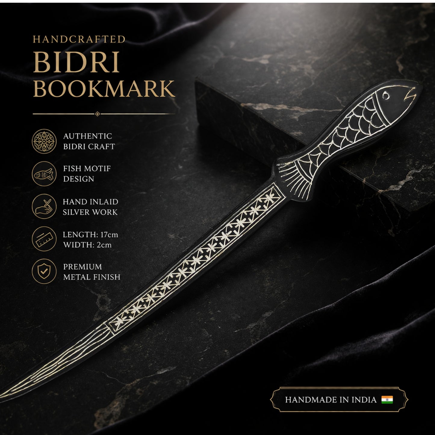 Handcrafted Bidri Bookmark Fish Design – Premium Silver Inlay Metal Bookmark (17cm) – Traditional Indian Bidri Craft – Elegant Gift for Book Lovers, Students & Readers