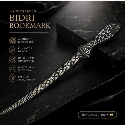 Handcrafted Bidri Bookmark Fish Design – Premium Silver Inlay Metal Bookmark (17cm) – Traditional Indian Bidri Craft – Elegant Gift for Book Lovers, Students & Readers