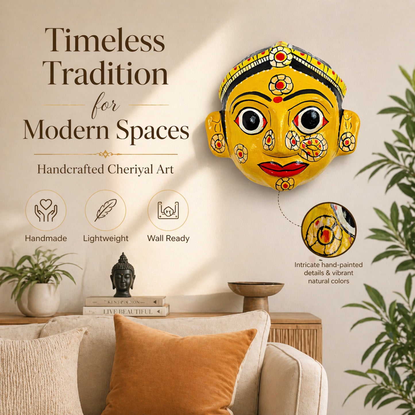 Handcrafted Cheriyal Mask Wall Décor – Traditional Indian Folk Art Face Mask, Handmade Telangana Wall Hanging, Cultural Home Decoration, Lightweight & Wall Ready(YELLOW FEMALE)
