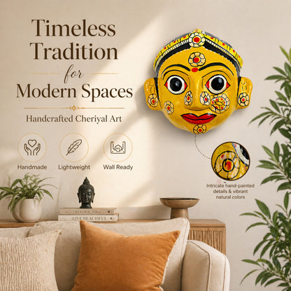 Handcrafted Cheriyal Mask Wall Décor – Traditional Indian Folk Art Face Mask, Handmade Telangana Wall Hanging, Cultural Home Decoration, Lightweight & Wall Ready(YELLOW FEMALE)