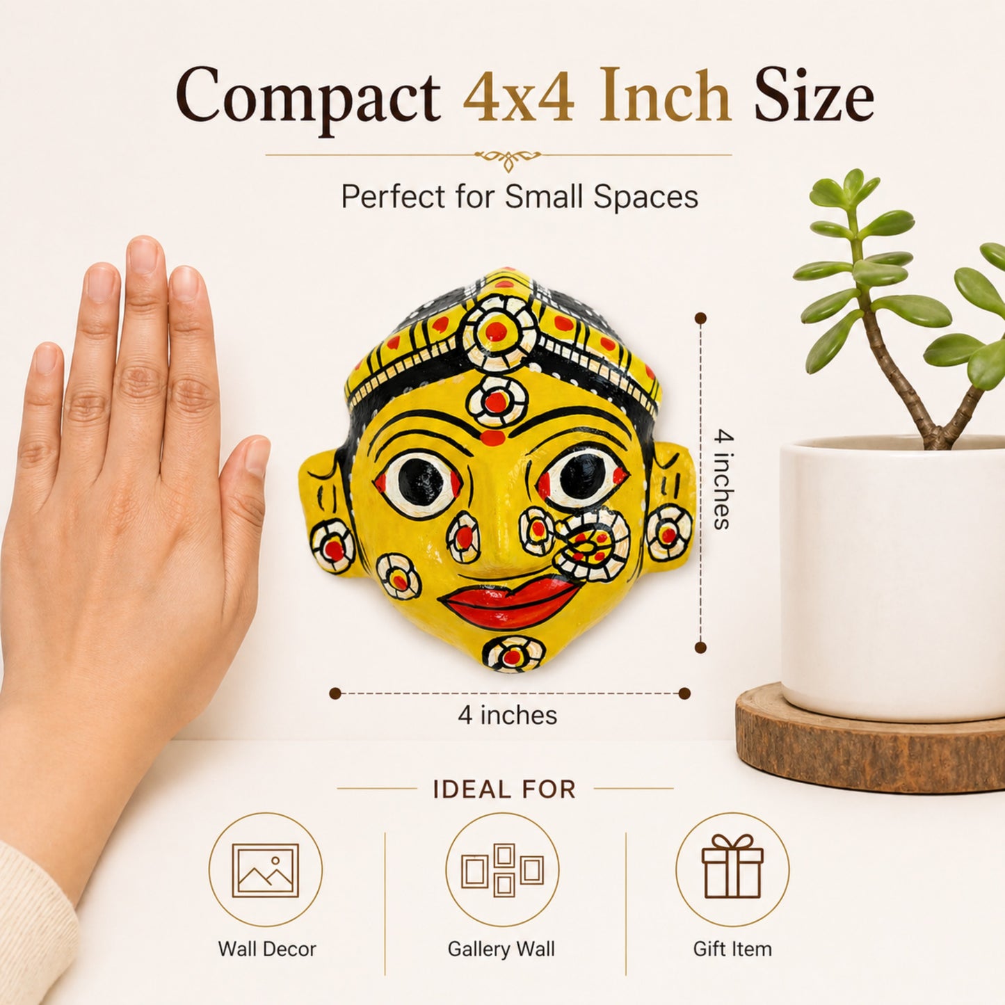 Handcrafted Cheriyal Mask Wall Decor (4x4 Inch) | Authentic Telangana Folk Art | Wooden Hand-Painted Face Mask | Traditional Indian Home Decor | Ethnic Wall Hanging Gift Item