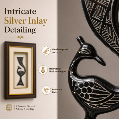 Premium Bidri Peacock Decorative Frame | Handcrafted Silver Inlay Art for Home Décor | 7.5 x 11.5 Inches