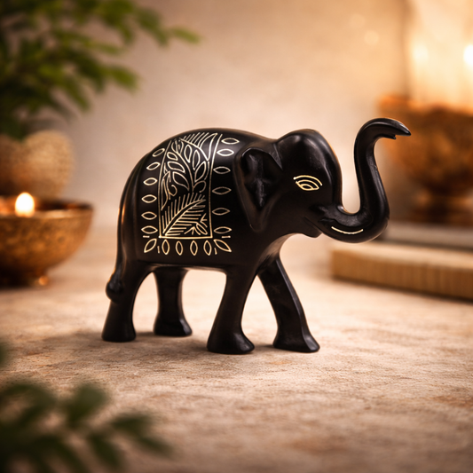 Handcrafted Bidri Elephant Showpiece with Silver Inlay, Black Matte Finish, 10 cm Decorative Figurine, Authentic Indian Metal Art for Home Decor and Gifting