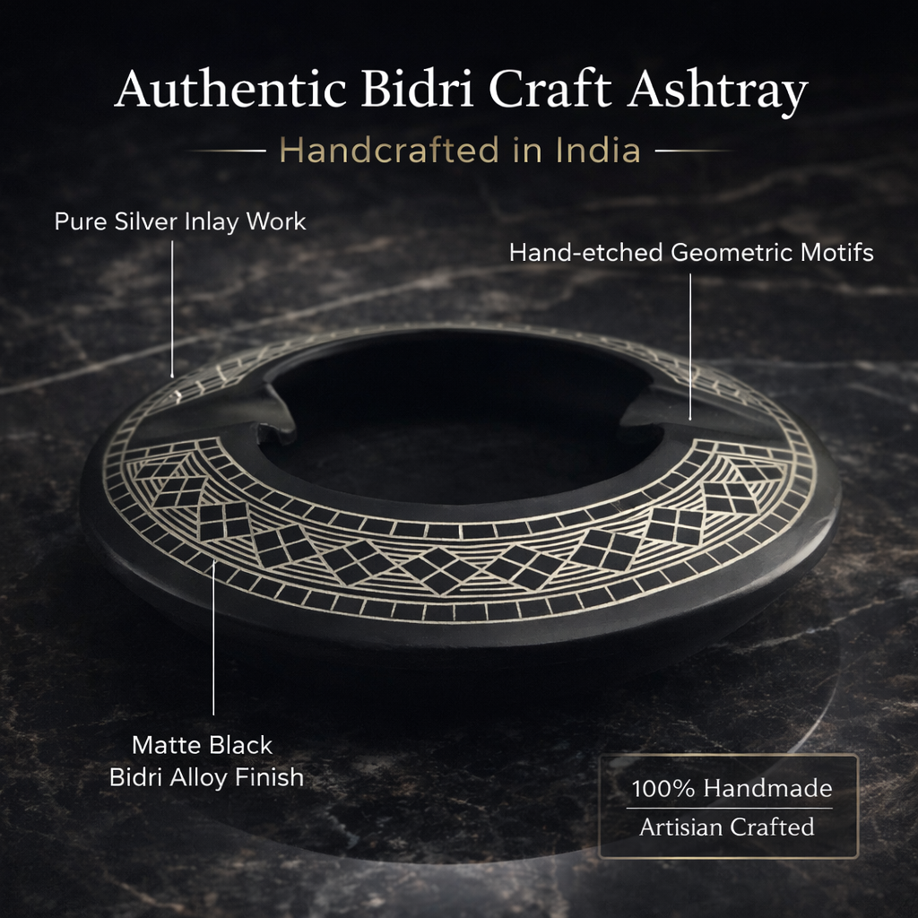 Authentic Bidri Craft Ashtray with Silver Inlay – Handmade Matte Black Metal Decorative Smoking Ashtray | Premium Indian Artisan Home Décor & Gift