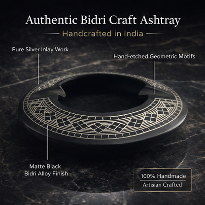 Authentic Bidri Craft Ashtray with Silver Inlay – Handmade Matte Black Metal Decorative Smoking Ashtray | Premium Indian Artisan Home Décor & Gift