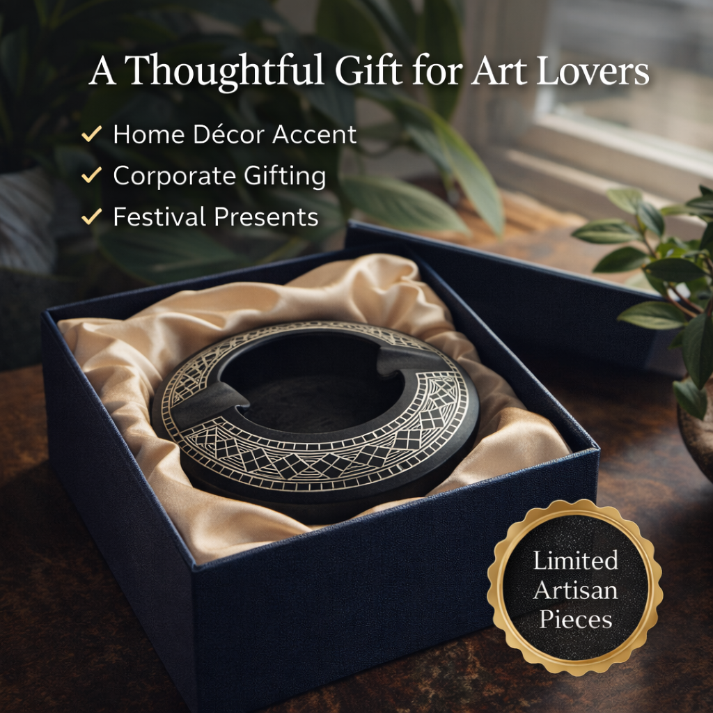 Authentic Bidri Craft Ashtray with Silver Inlay – Handmade Matte Black Metal Decorative Smoking Ashtray | Premium Indian Artisan Home Décor & Gift