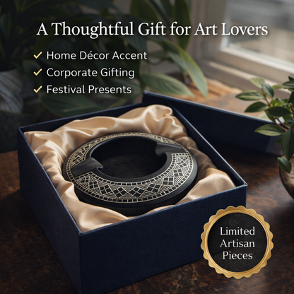 Authentic Bidri Craft Ashtray with Silver Inlay – Handmade Matte Black Metal Decorative Smoking Ashtray | Premium Indian Artisan Home Décor & Gift
