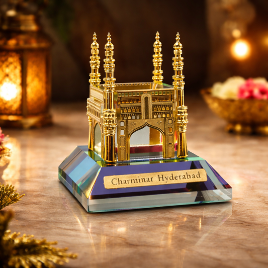 Crystal Charminar Hyderabad Showpiece – Premium Gold Finish Miniature Monument with Crystal Base | Desk Décor & Gift Collectible (8 cm)