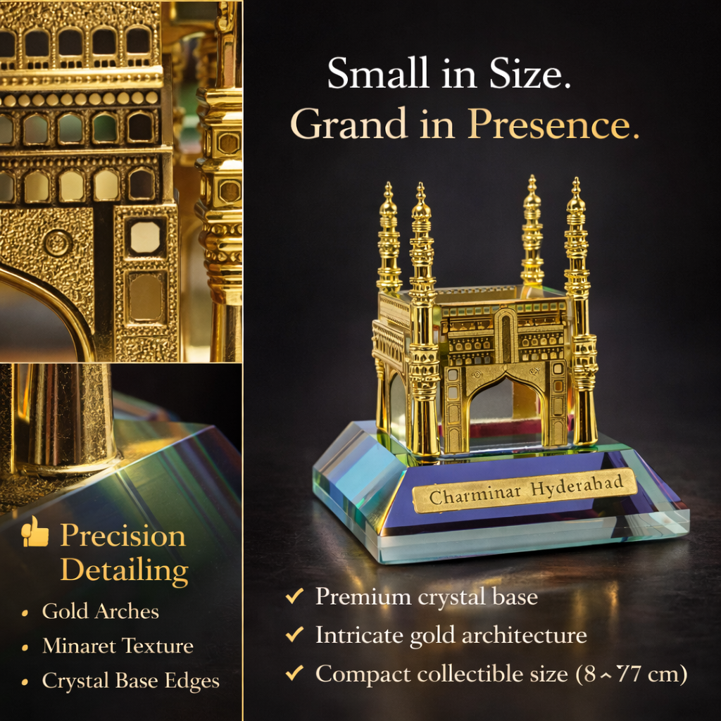Crystal Charminar Hyderabad Showpiece – Premium Gold Finish Miniature Monument with Crystal Base | Desk Décor & Gift Collectible (8 cm)