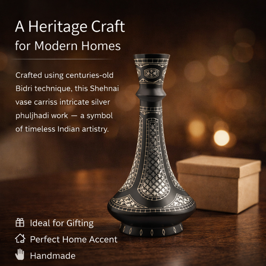 Handcrafted Bidri Shehnai Vase with Real Silver Phuljhadi Inlay | 6 Inch Traditional Indian Home Décor | Premium Handmade Metal Flower Vase for Gifting