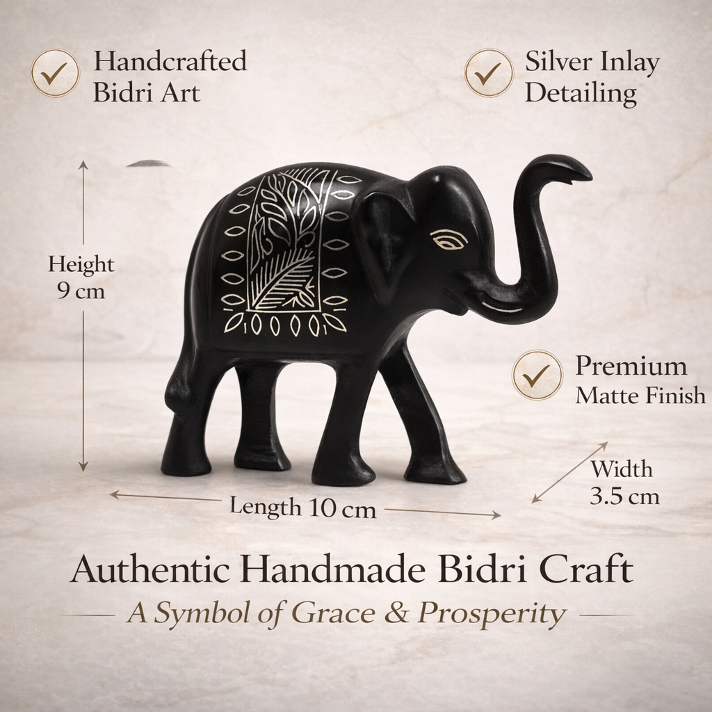 Handcrafted Bidri Elephant Showpiece with Silver Inlay, Black Matte Finish, 10 cm Decorative Figurine, Authentic Indian Metal Art for Home Decor and Gifting