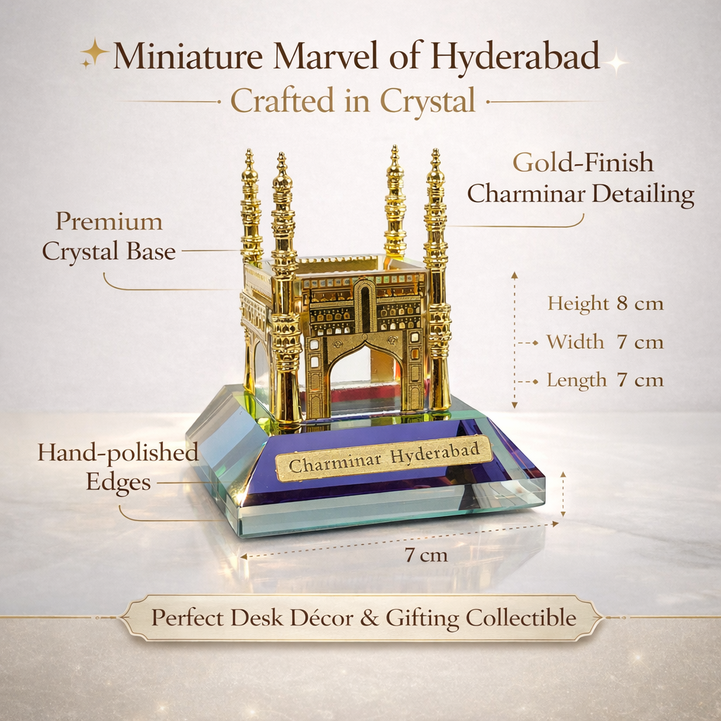 Crystal Charminar Hyderabad Showpiece – Premium Gold Finish Miniature Monument with Crystal Base | Desk Décor & Gift Collectible (8 cm)