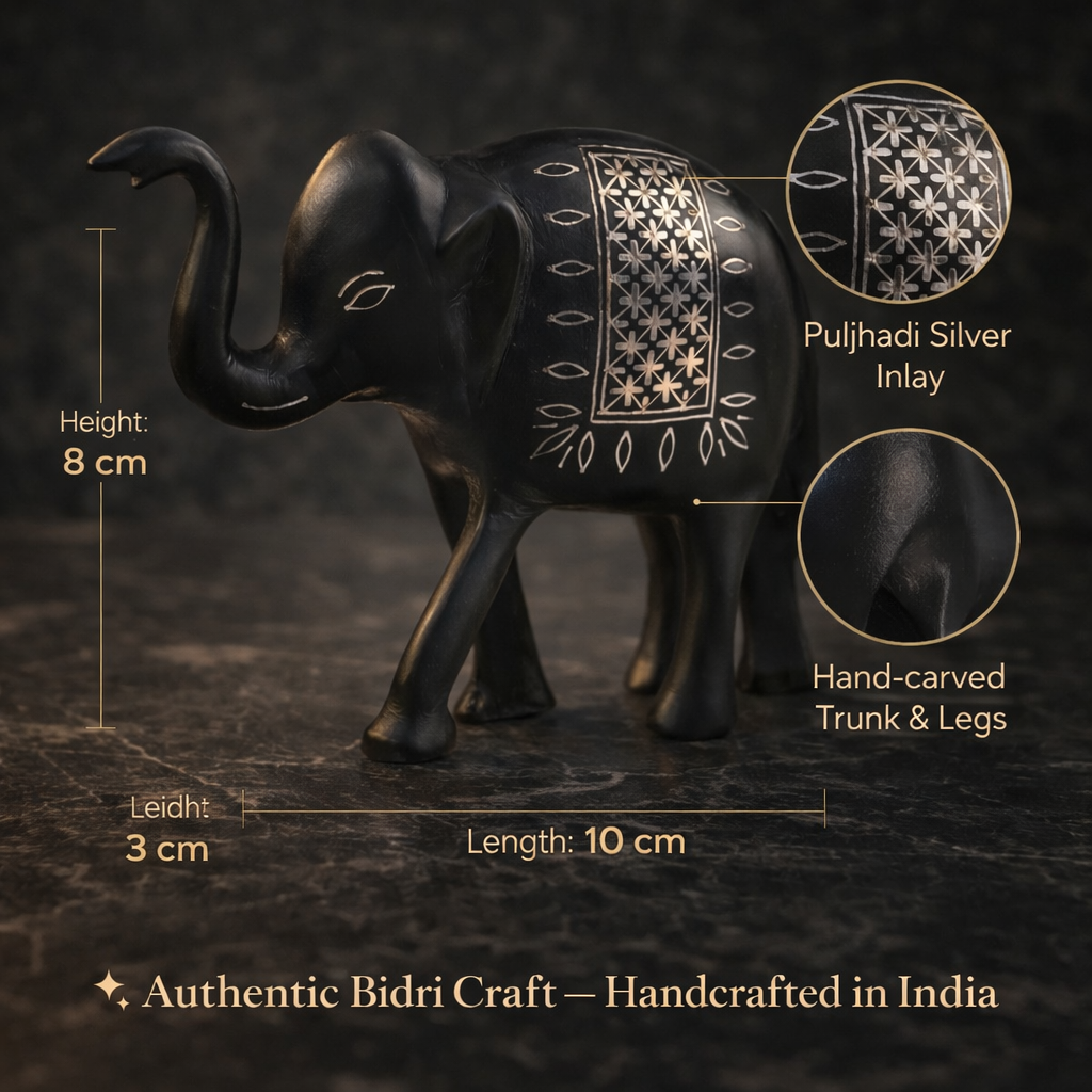 Handcrafted Bidri Metal Elephant Showpiece with Pure Silver Puljhadi Inlay, Traditional Motifs, Smooth Matte Finish, Premium Home Décor