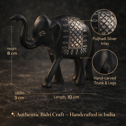 Handcrafted Bidri Metal Elephant Showpiece with Pure Silver Puljhadi Inlay, Traditional Motifs, Smooth Matte Finish, Premium Home Décor