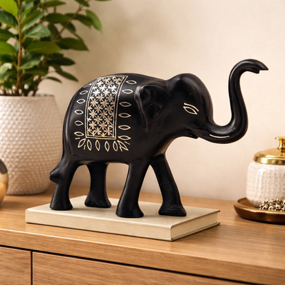 Handcrafted Bidri Metal Elephant Showpiece with Pure Silver Puljhadi Inlay, Traditional Motifs, Smooth Matte Finish, Premium Home Décor