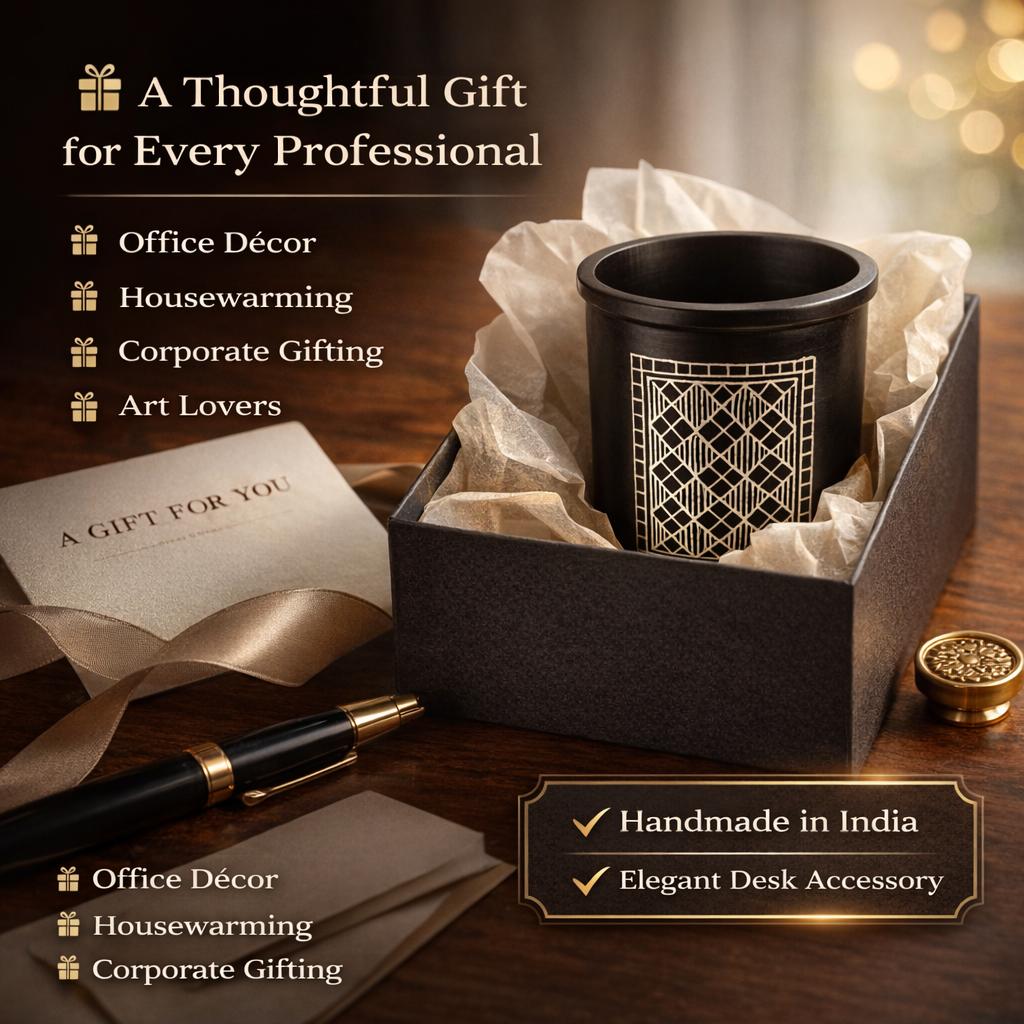 Handcrafted Bidri Pen Stand | Premium Desk Organizer with Silver Inlay