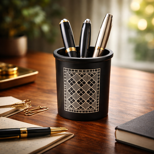 Handcrafted Bidri Pen Stand | Premium Desk Organizer with Silver Inlay
