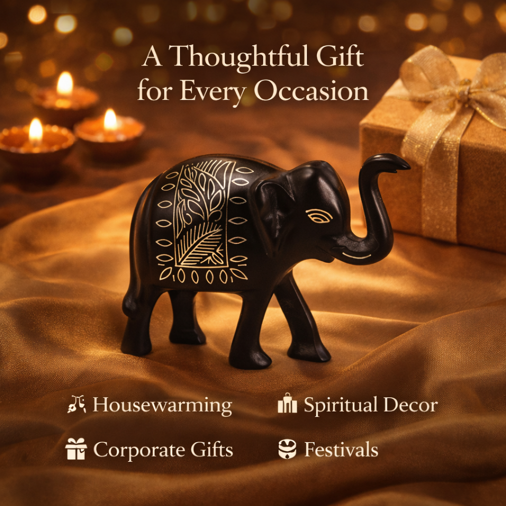 Handcrafted Bidri Elephant Showpiece with Silver Inlay, Black Matte Finish, 10 cm Decorative Figurine, Authentic Indian Metal Art for Home Decor and Gifting