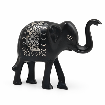 Handcrafted Bidri Metal Elephant Showpiece with Pure Silver Puljhadi Inlay, Traditional Motifs, Smooth Matte Finish, Premium Home Décor