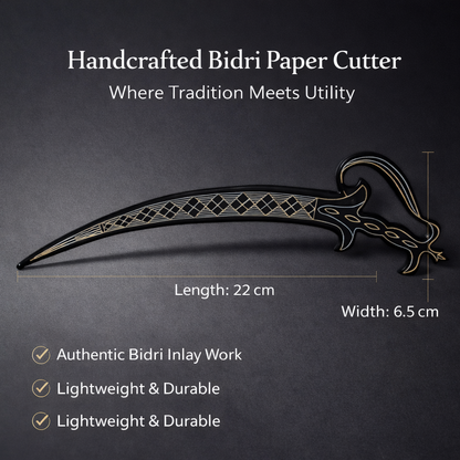 Handcrafted Bidri Paper Cutter 22cm – Traditional Indian Metal Inlay Letter Opener, Decorative Desk Accessory & Premium Gift Item
