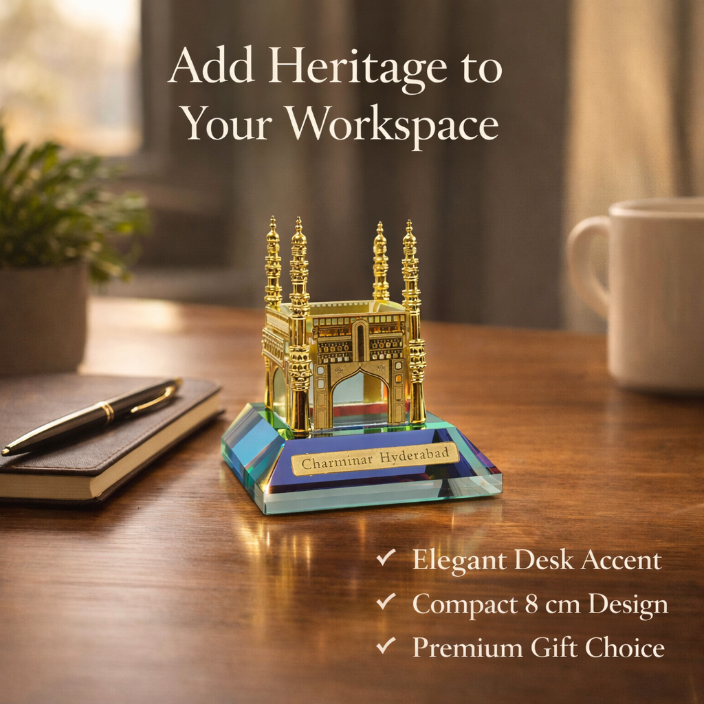 Crystal Charminar Hyderabad Showpiece – Premium Gold Finish Miniature Monument with Crystal Base | Desk Décor & Gift Collectible (8 cm)