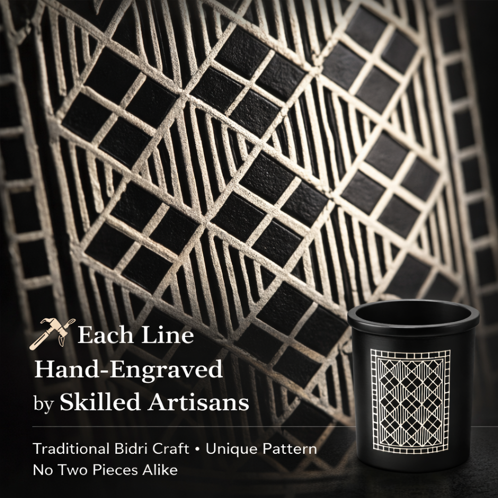 Handcrafted Bidri Pen Stand | Premium Desk Organizer with Silver Inlay