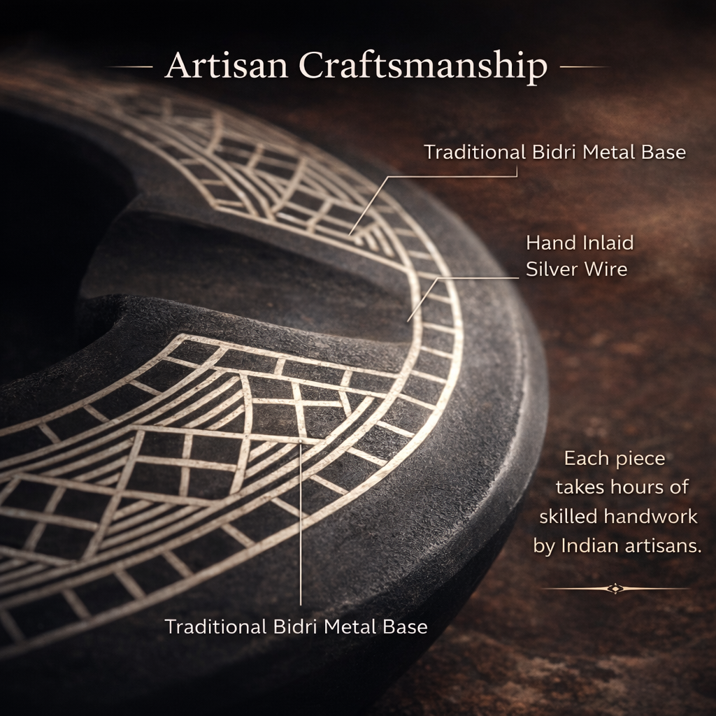 Authentic Bidri Craft Ashtray with Silver Inlay – Handmade Matte Black Metal Decorative Smoking Ashtray | Premium Indian Artisan Home Décor & Gift