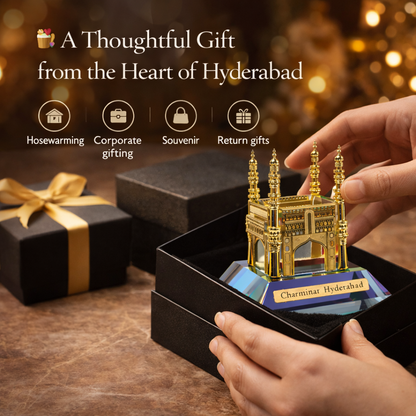 Crystal Charminar Hyderabad Showpiece – Premium Gold Finish Miniature Monument with Crystal Base | Desk Décor & Gift Collectible (8 cm)