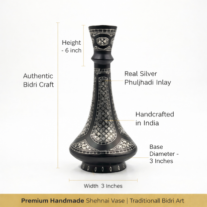 Handcrafted Bidri Shehnai Vase with Real Silver Phuljhadi Inlay | 6 Inch Traditional Indian Home Décor | Premium Handmade Metal Flower Vase for Gifting