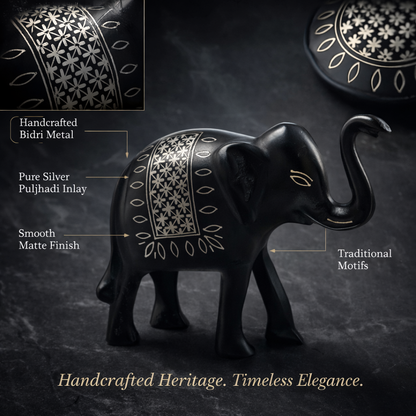 Handcrafted Bidri Metal Elephant Showpiece with Pure Silver Puljhadi Inlay, Traditional Motifs, Smooth Matte Finish, Premium Home Décor