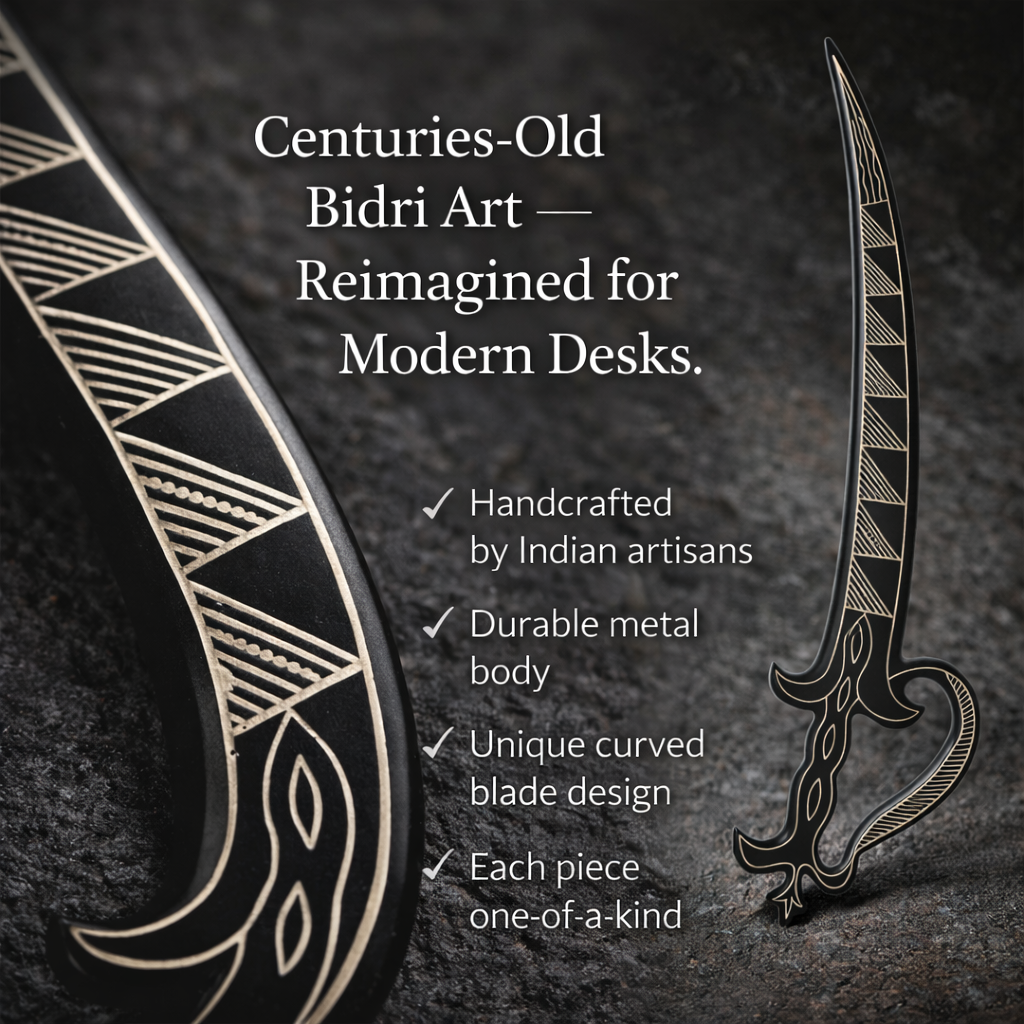 Handcrafted Bidri Paper Cutter 22cm – Traditional Indian Metal Inlay Letter Opener, Decorative Desk Accessory & Premium Gift Item