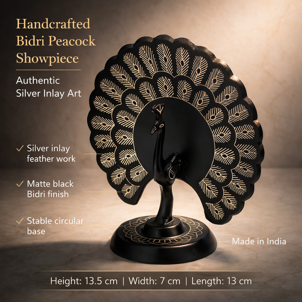 Bidri Craft Peacock Showpiece | Handcrafted Silver Inlay Metal Statue | Traditional Indian Home Décor | Gift Item | 13.5 cm