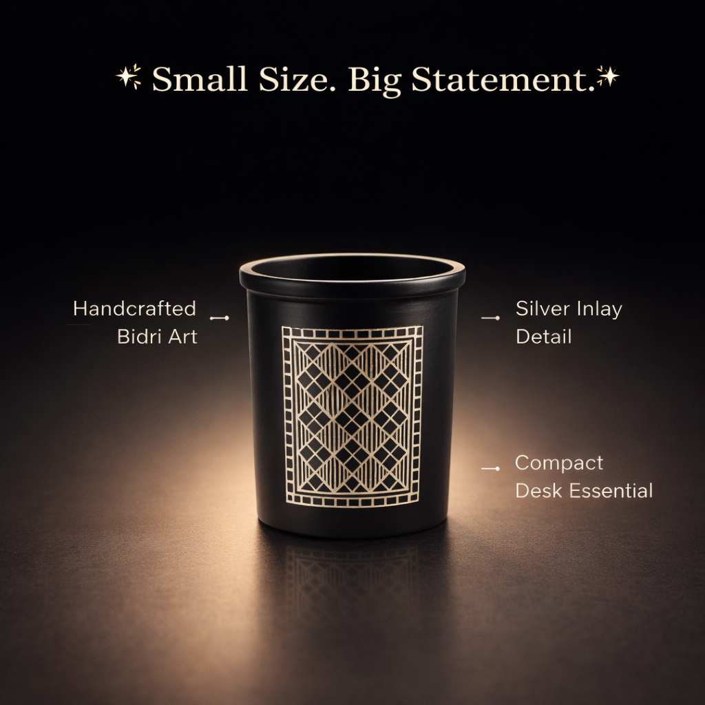 Handcrafted Bidri Pen Stand | Premium Desk Organizer with Silver Inlay