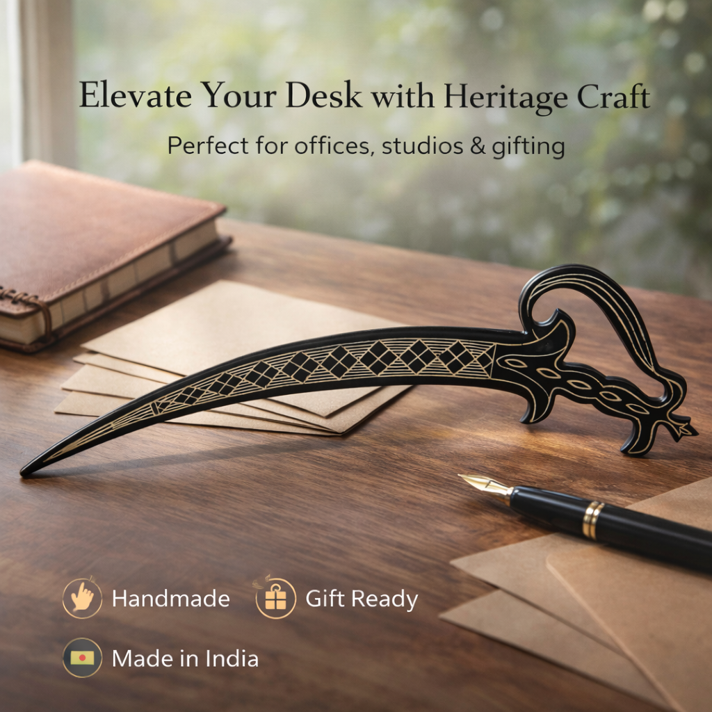 Handcrafted Bidri Paper Cutter 22cm – Traditional Indian Metal Inlay Letter Opener, Decorative Desk Accessory & Premium Gift Item