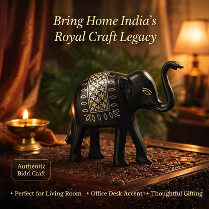 Handcrafted Bidri Metal Elephant Showpiece with Pure Silver Puljhadi Inlay, Traditional Motifs, Smooth Matte Finish, Premium Home Décor