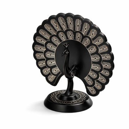 Bidri Craft Peacock Showpiece | Handcrafted Silver Inlay Metal Statue | Traditional Indian Home Décor | Gift Item | 13.5 cm