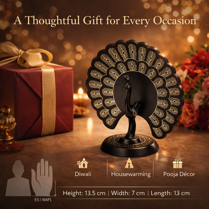 Bidri Craft Peacock Showpiece | Handcrafted Silver Inlay Metal Statue | Traditional Indian Home Décor | Gift Item | 13.5 cm