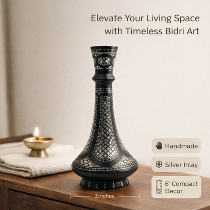 Handcrafted Bidri Shehnai Vase with Real Silver Phuljhadi Inlay | 6 Inch Traditional Indian Home Décor | Premium Handmade Metal Flower Vase for Gifting