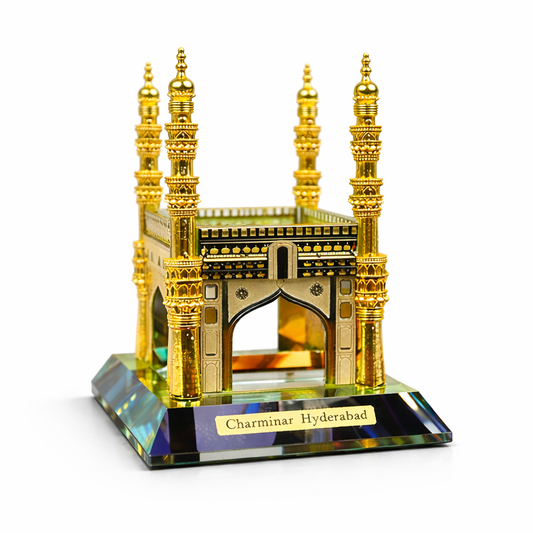 Crystal Charminar Hyderabad Showpiece, Premium Gold Plated, Handcrafted Indian Heritage Home Décor & Gift Item (15 cm)