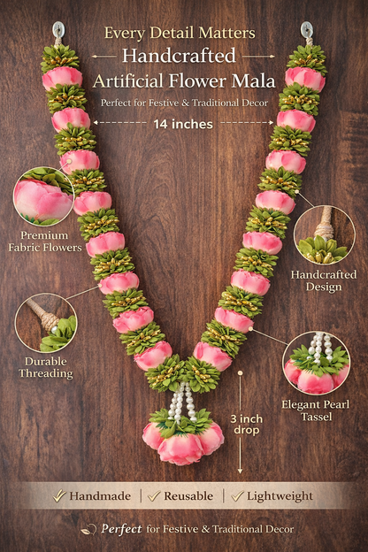Artificial Pink Fabric Flower Mala for Mandir Door Decoration, Handmade with Pearl Hanging, 18 Inches, Traditional Pooja Festival Wedding Home Decor (Pink)