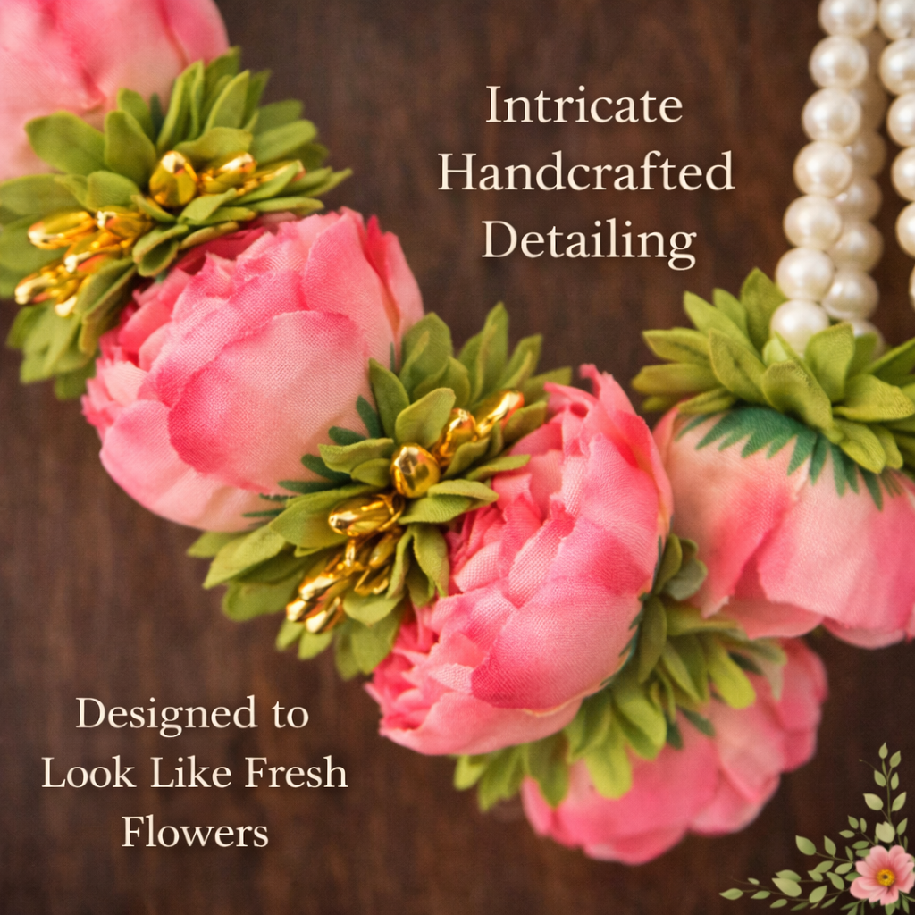Artificial Pink Fabric Flower Mala for Mandir Door Decoration, Handmade with Pearl Hanging, 18 Inches, Traditional Pooja Festival Wedding Home Decor (Pink)