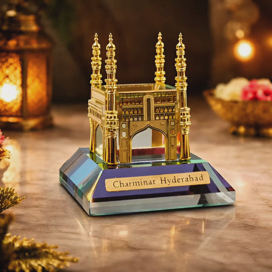 Crystal Charminar Hyderabad Showpiece – Premium Gold Finish Miniature Monument with Crystal Base | Desk Décor & Gift Collectible (8 cm)